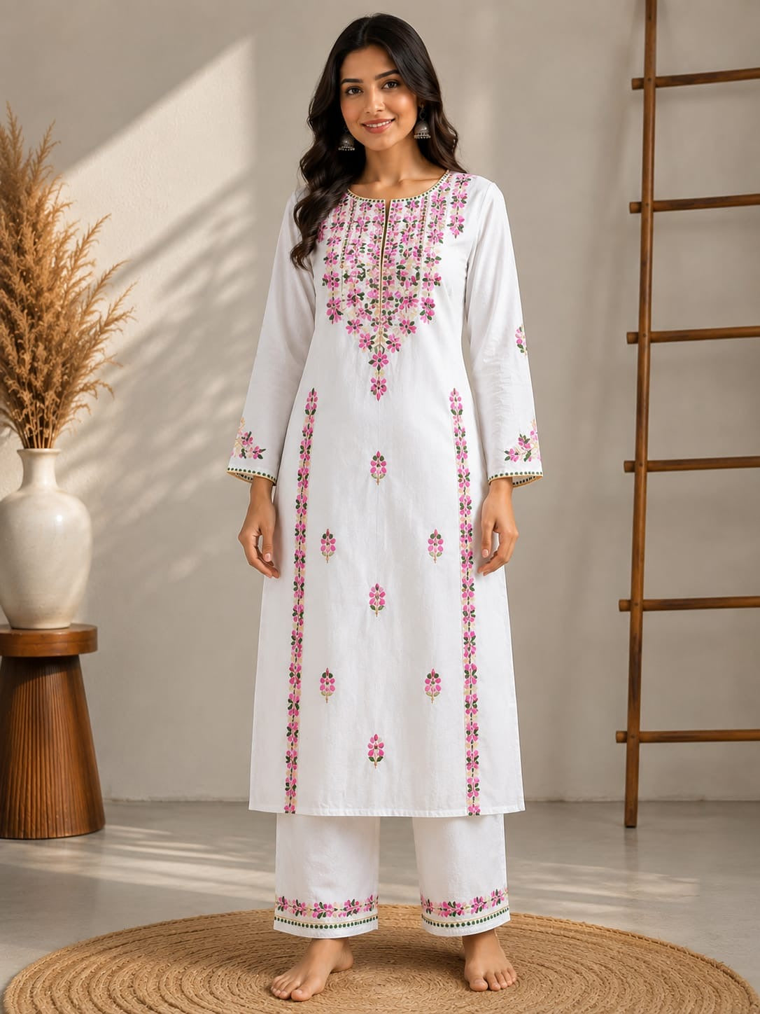 White Chikankari Kurta Pant Set