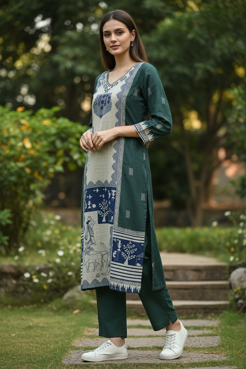 Green Cotton Mandala Art Kurta Pant Set