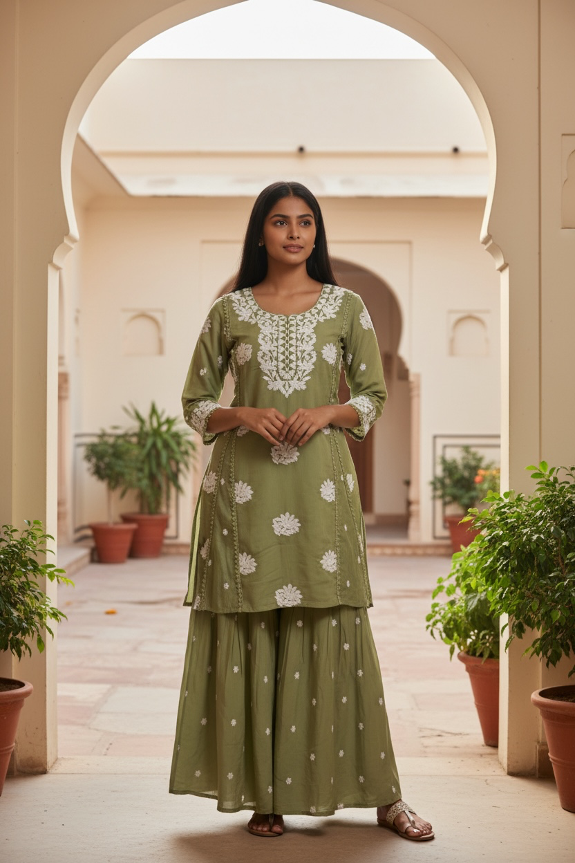 Sage Green Chikankari Kurta Sharara Set