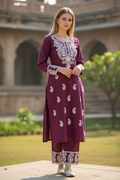 Wine Kashmiri Embroidered Kurta Pant Set