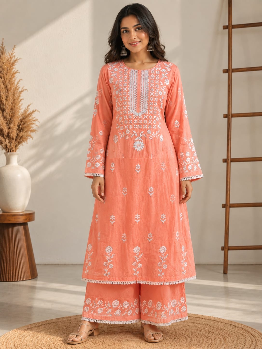 Peach Chikankari Kurta Palazzo Set