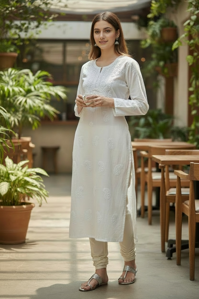 White Cotton Kurta with Self-Tone Paisley Embroidery