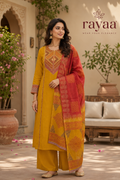 Mustard  Embroidered Kurta Palazzo Set with Printed Dupatta