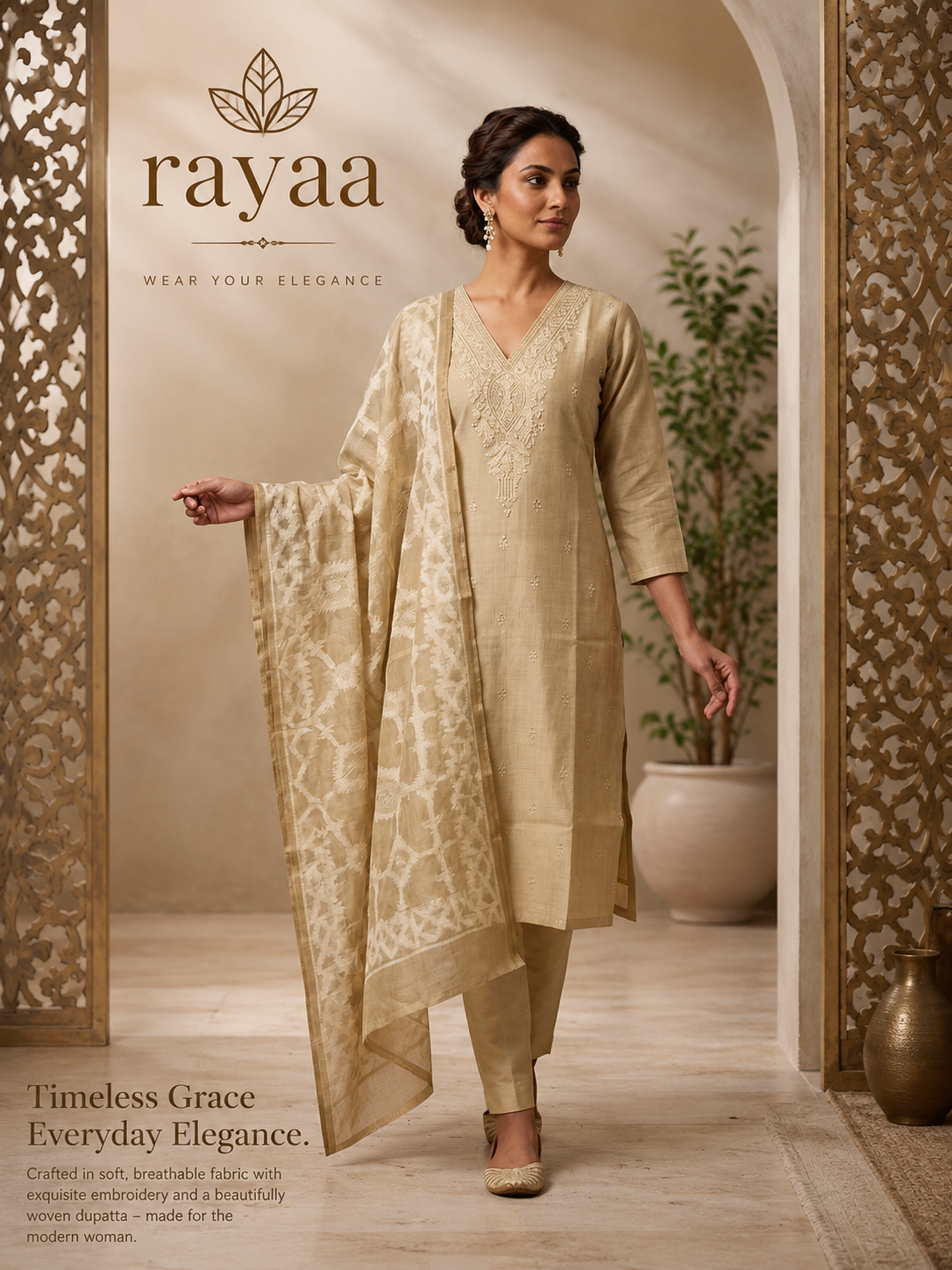 Rayaa Premium Beige Embroidered Kurta Set with Designer Dupatta
