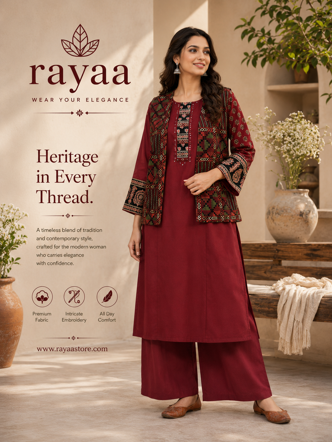 Rayaa Maroon Ethnic Cotton Kurta Palazzo Set with Designer Jacket