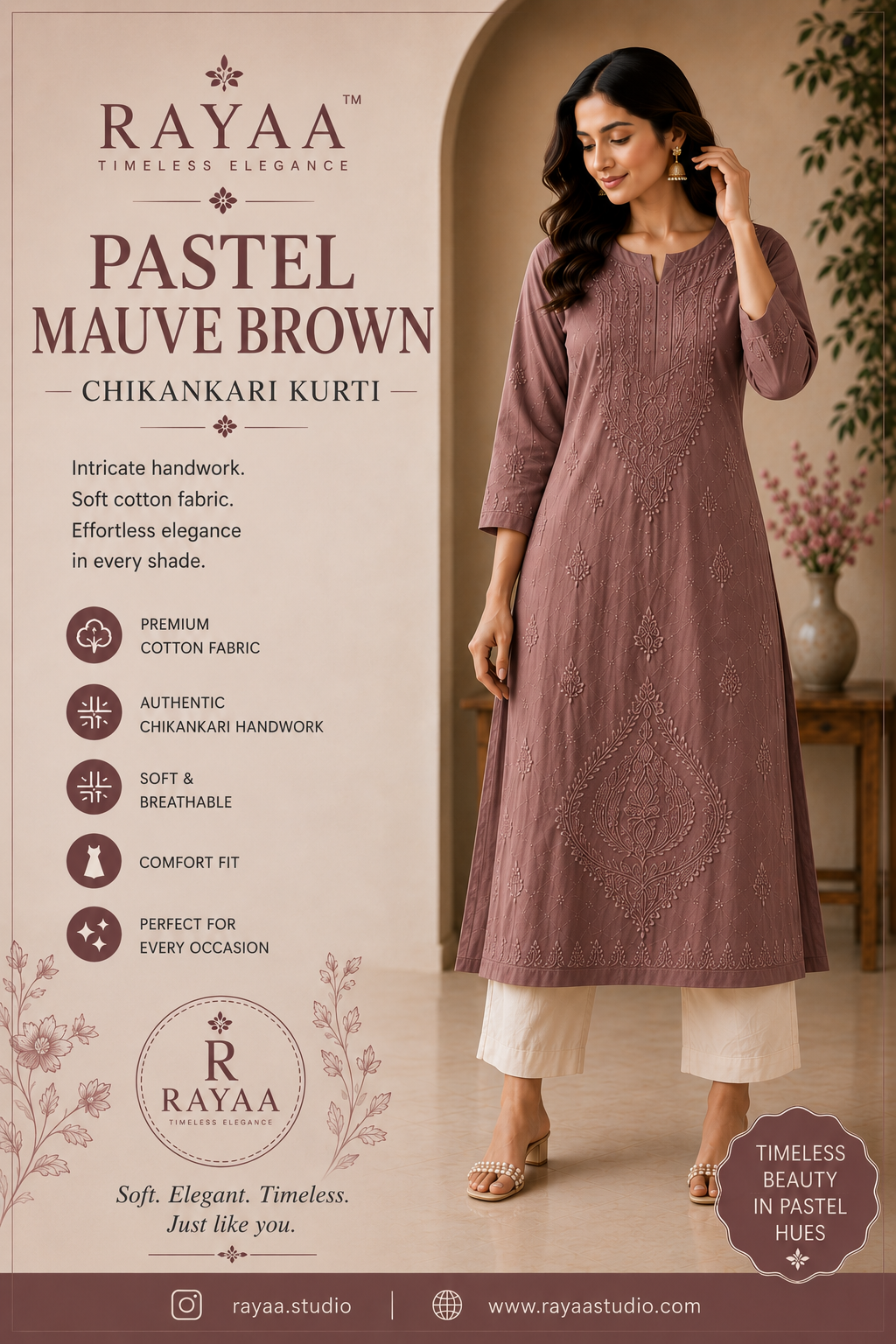 Pastel Mauve Brown Chikankari Kurti