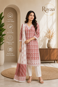 Rayaa Women's Blush Pink Cotton Kurta Set with Dupatta | Elegant Printed Ethnic Wear