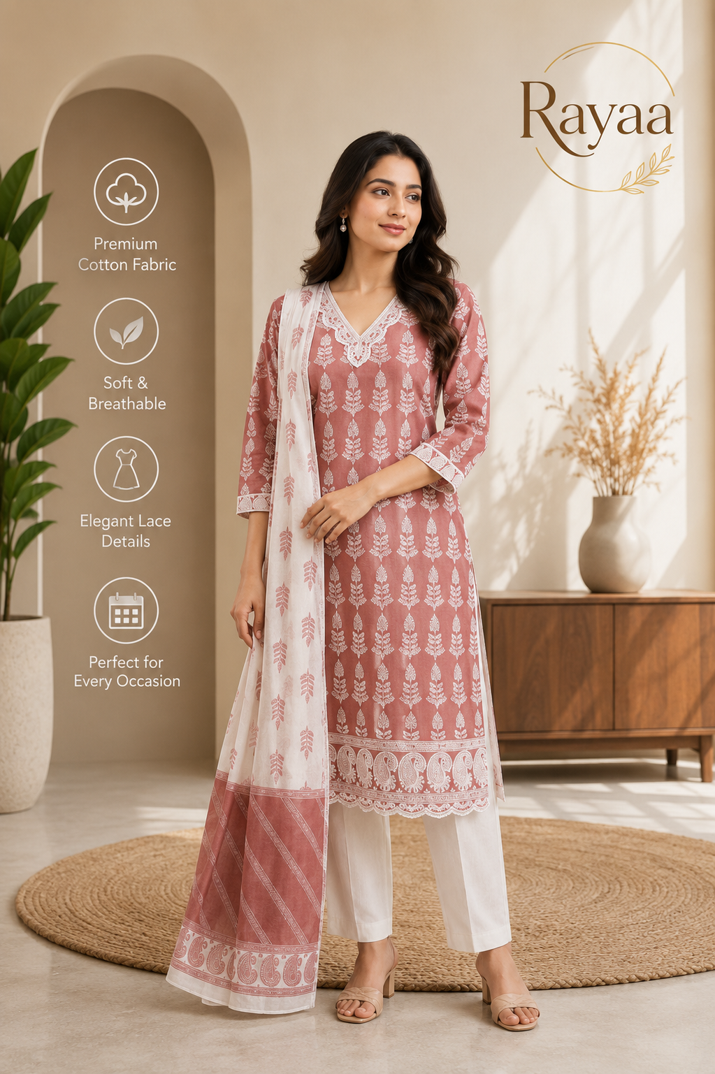 Rayaa Women's Blush Pink Cotton Kurta Set with Dupatta | Elegant Printed Ethnic Wear