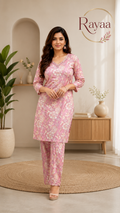 Rayaa Women's Pink Floral Printed Co-Ord Set | Elegant Kurta & Pant Set for Everyday Wear