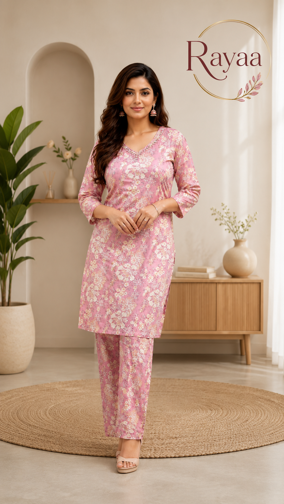 Rayaa Women's Pink Floral Printed Co-Ord Set | Elegant Kurta & Pant Set for Everyday Wear