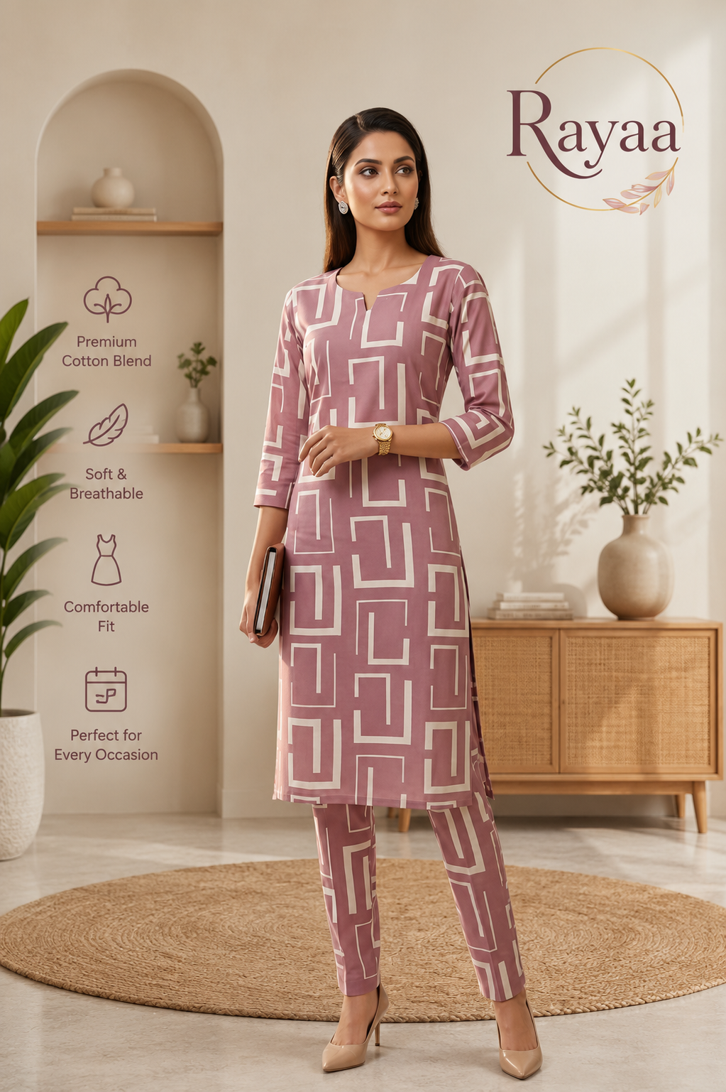 Rayaa Premium Cotton Blend Printed Kurta Pant Set for Women – Mauve Geometric Design