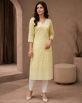 Rayaa Women's Embroidered Cotton Blend Kurta with Pants – Pastel Yellow