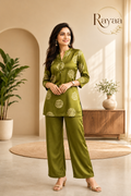 Rayaa Women's Olive Green Gajji Silk Co-Ord Set | Elegant Printed Kurta & Palazzo Pants