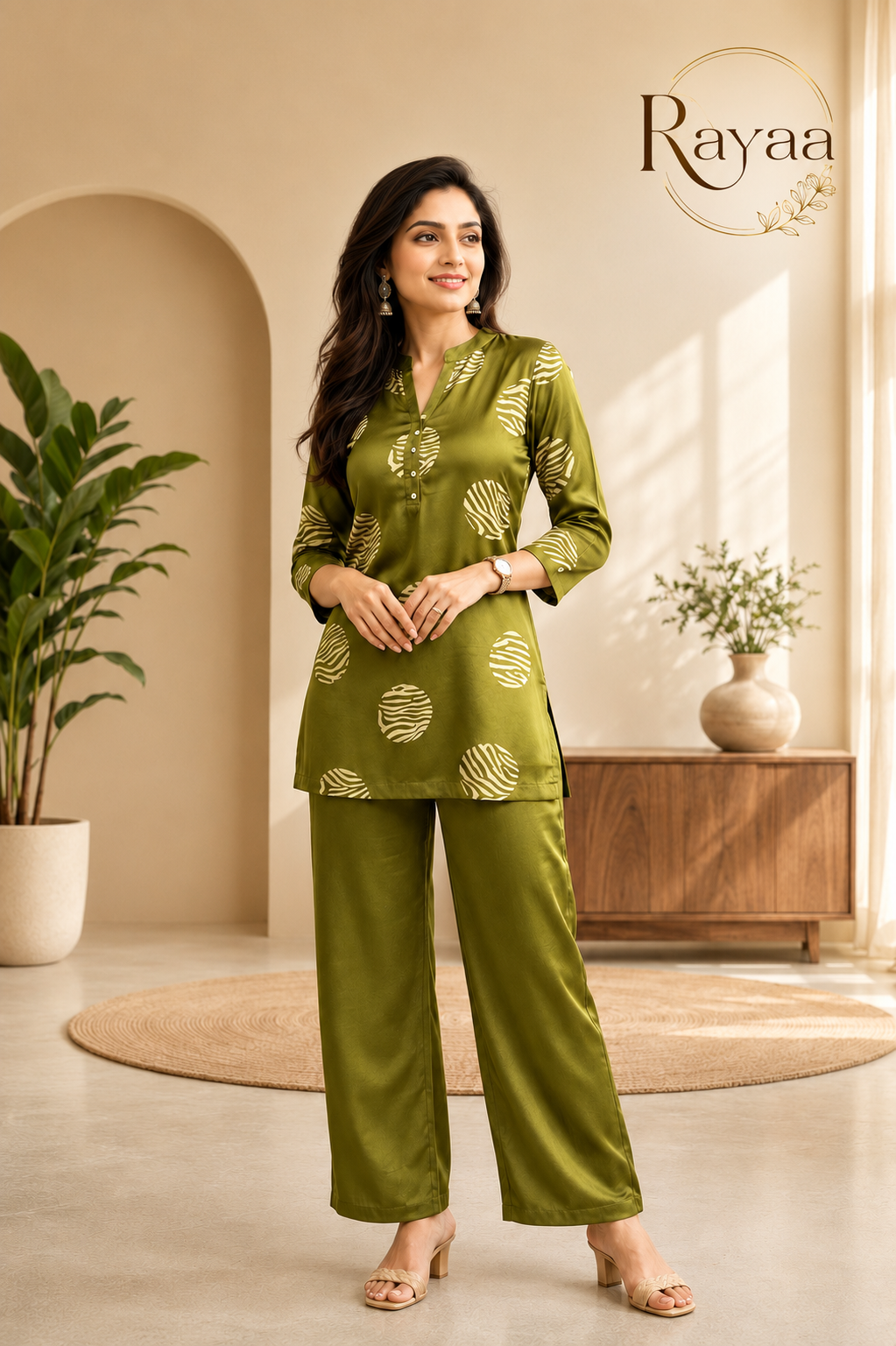 Rayaa Women's Olive Green Gajji Silk Co-Ord Set | Elegant Printed Kurta & Palazzo Pants