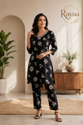 Rayaa Women's Black Printed Kurta Pant Set | Elegant Ethnic Co-Ord Set for Office & Casual Wear