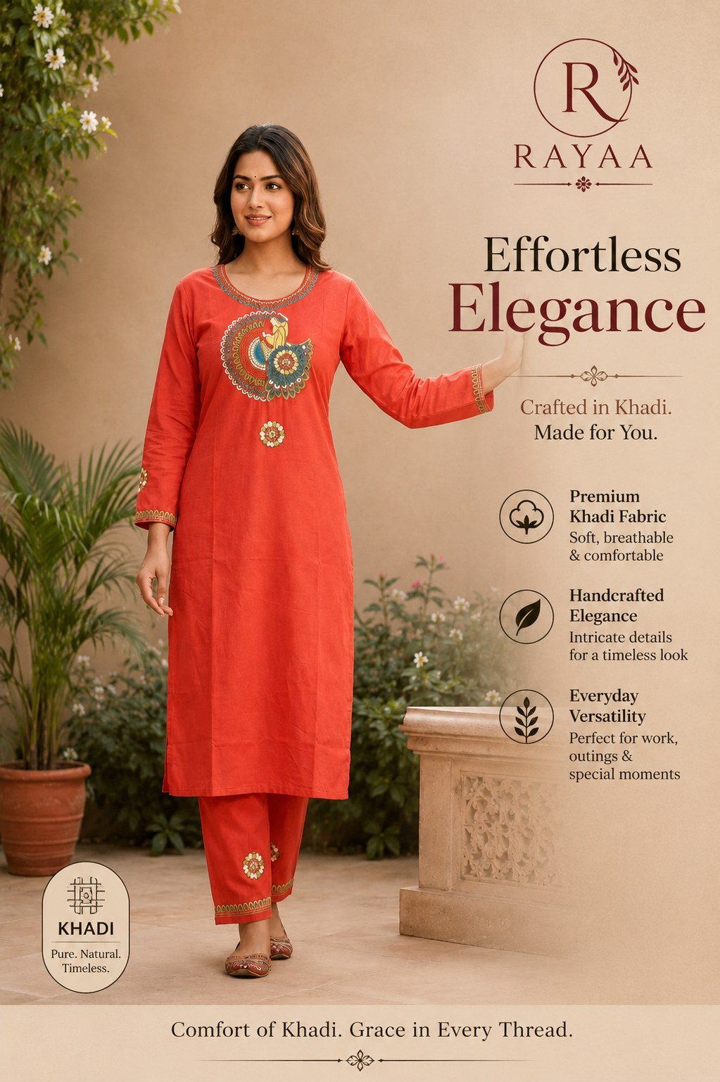 Rayaa Premium Khadi Kurta Pant Set – Rust Orange Handcrafted Cotton Khadi Ethnic Wear for Women