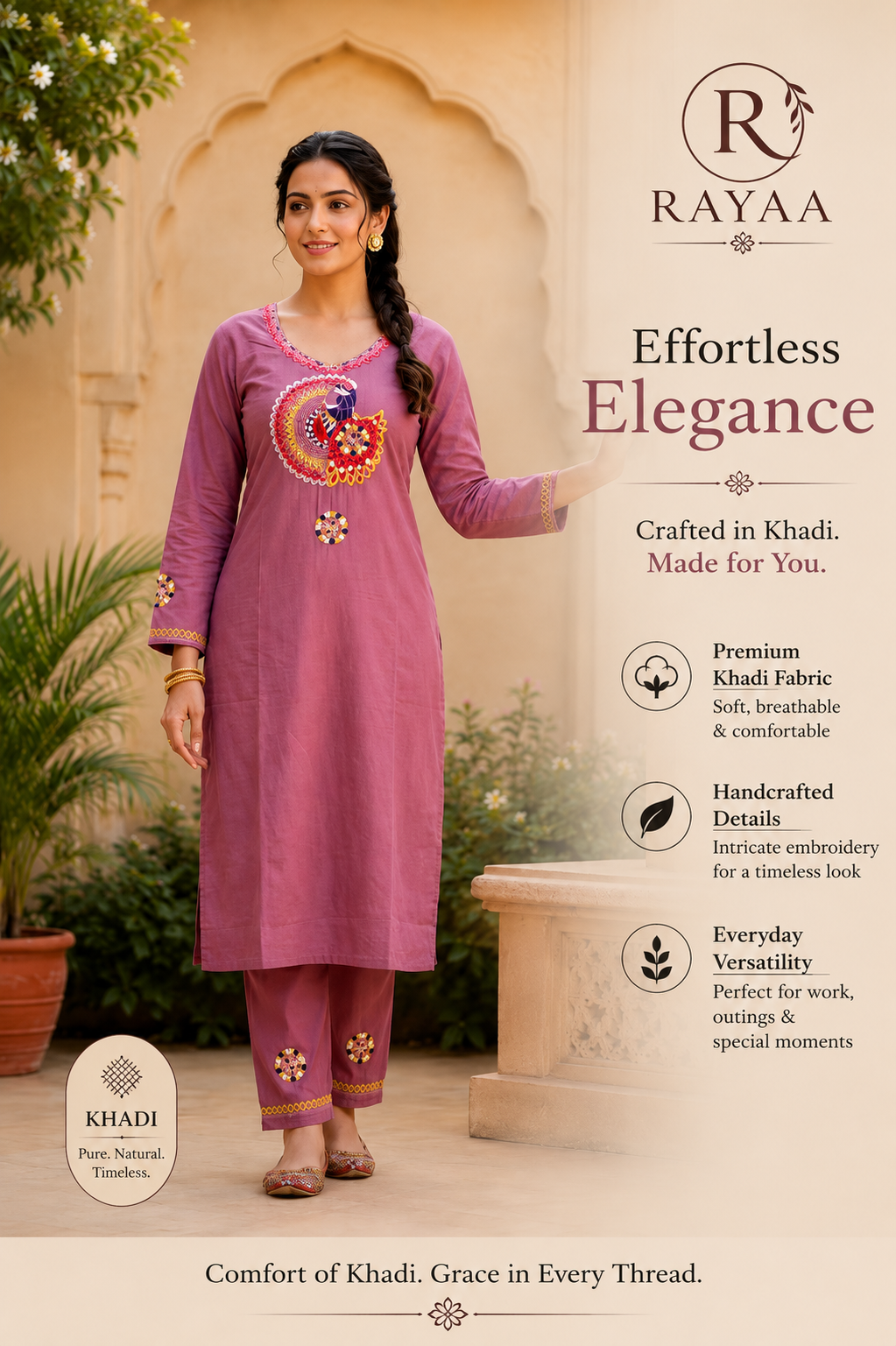 Rayaa Premium Khadi Kurta Pant Set – Mauve Handcrafted Cotton Ethnic Wear for Women