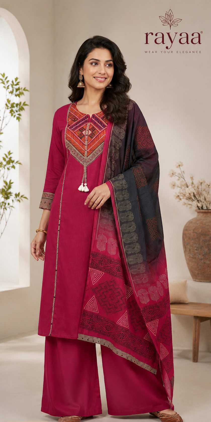 Elegant Magenta Embroidered Kurta Palazzo Set with Designer Dupatta