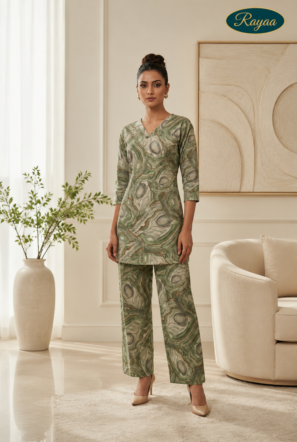 Green Marble Print Straight Kurta & Wide-Leg Pant Co-Ord Set (Copy)