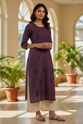 Purple Cotton Kurta with Self-Tone Paisley Embroidery