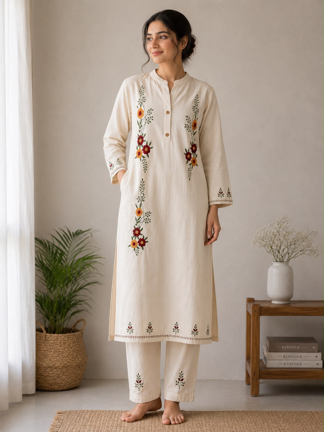 Ivory Floral Embroidered Kurta & Pants Co-ord Set