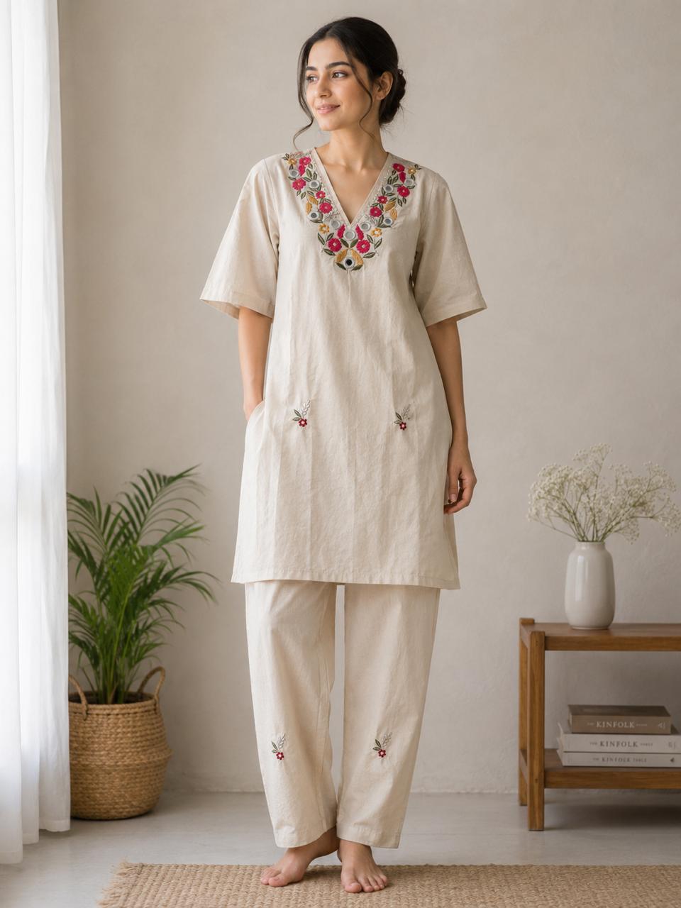 Women's  Khadi Floral Embroidered Cotton Kurta