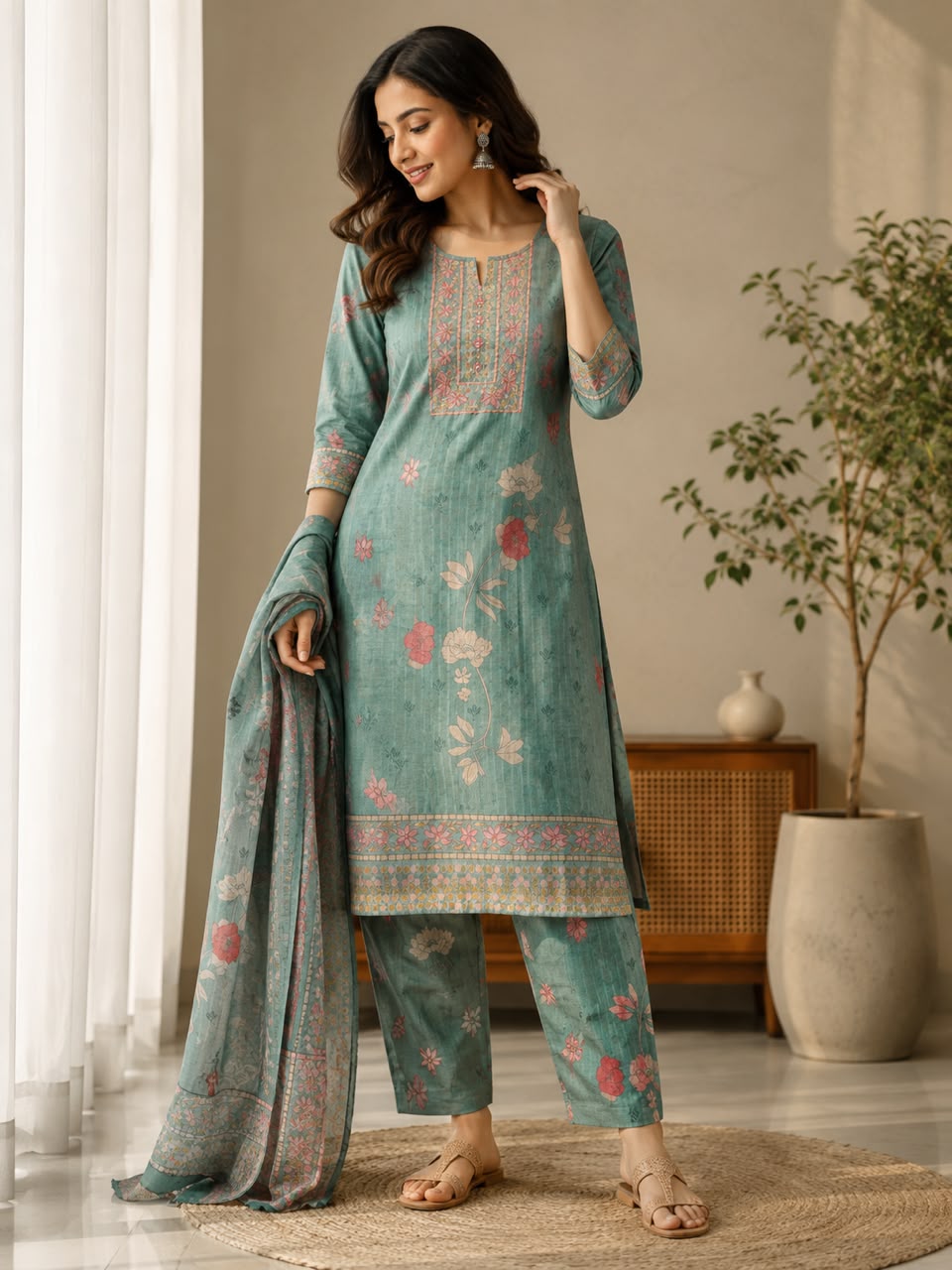 Sage Bloom Cotton Kurta Set with Dupatta | Elegant Floral Cotton Blend Suit